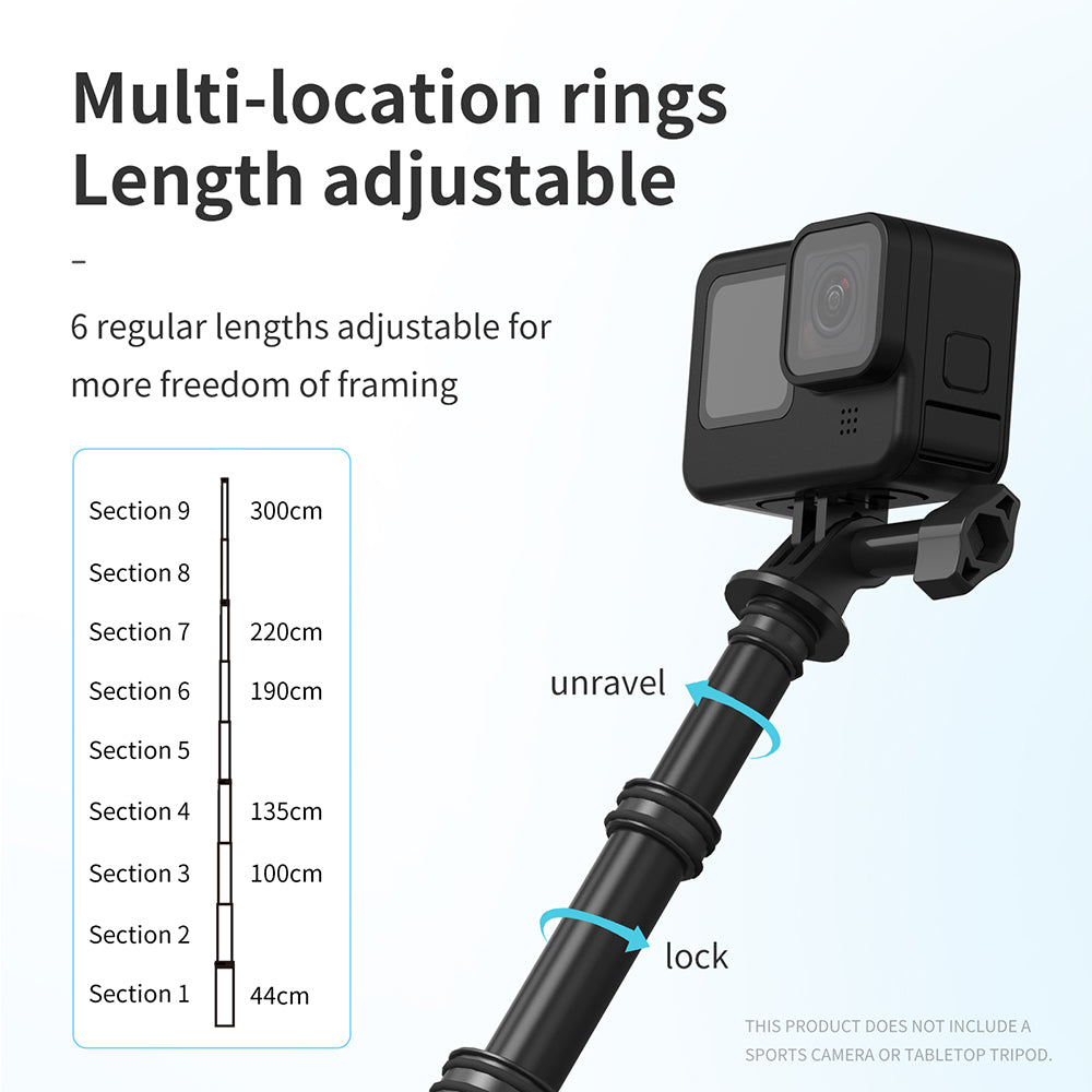 TELESIN IS-MNP-300 3 Meter Carbon Fiber Selfie Stick Telescopic Extension Rod Monopod for Gopro