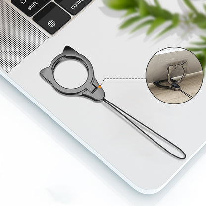 2-in-1 Cat Head Finger Ring Phone Kickstand Cellphone Anti-drop Lanyard Hand Rope