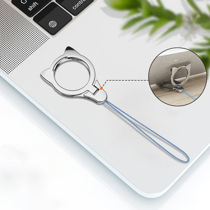 2-in-1 Cat Head Finger Ring Phone Kickstand Cellphone Anti-drop Lanyard Hand Rope
