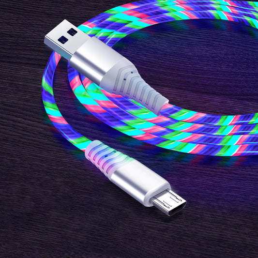2m Glowing 3A Fast Charging Cable High-Speed Flowing Streamer Light LED Data Transfer Micro USB Cable