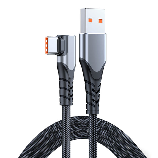 2m 6A 66W Fast Charging Cable USB to Type-C Right Angle Braided Data Cord for Huawei Samsung