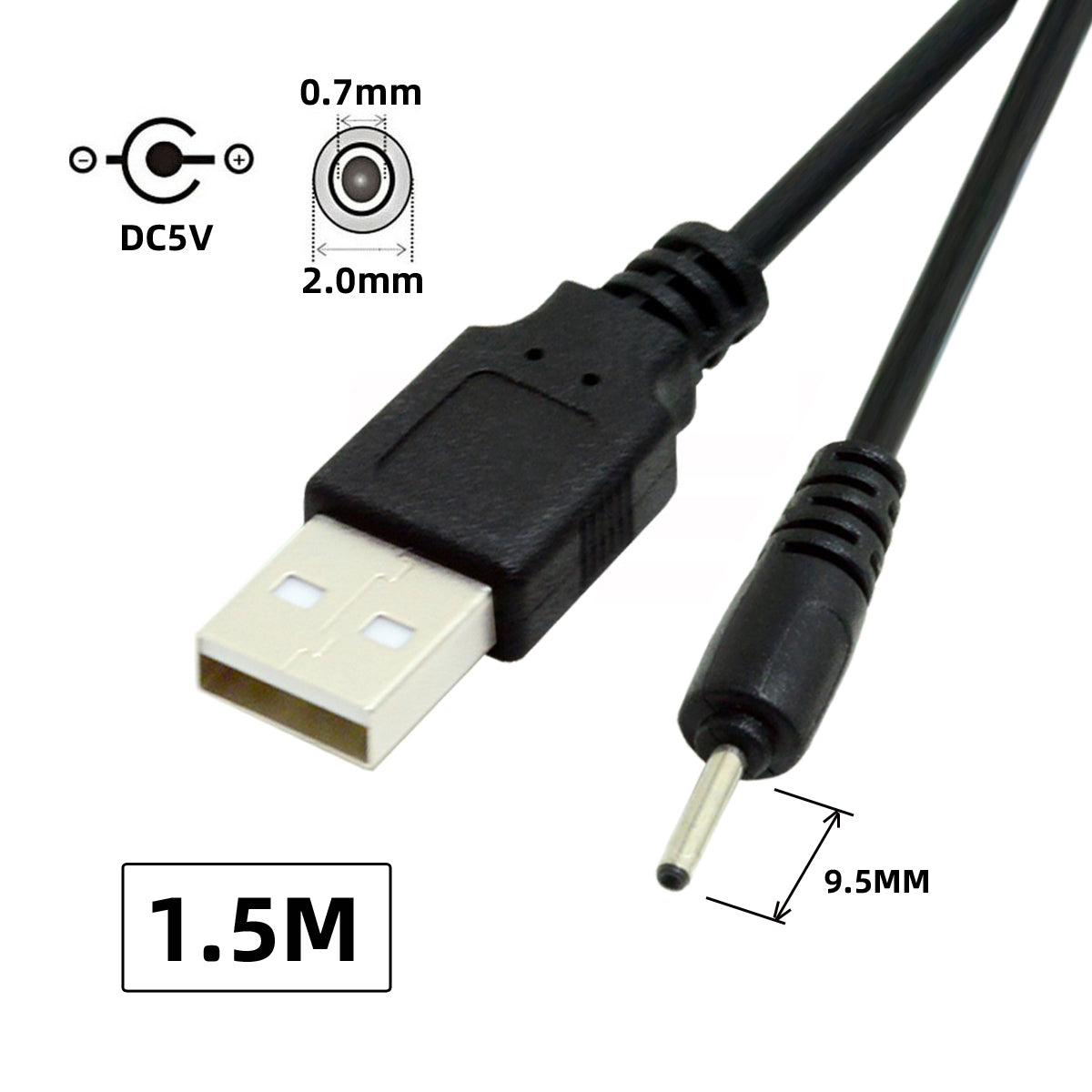 U2-067-4017MM USB to DC Power Cord USB 2.0 Male Type-A to 5V DC 2.0x0.7mm DC Power Round Plug Cable 150cm 24AWG