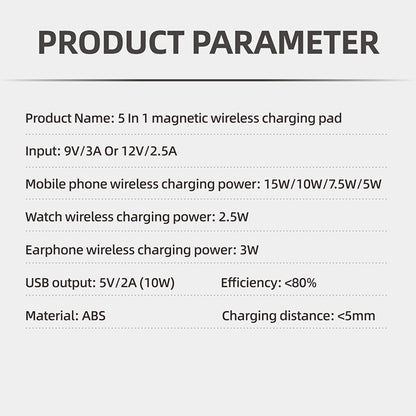 Z9 5-in-1 15W Magnetic Wireless Charger LED Atmosphere Light Desktop Wireless Charging Stand Dock with USB Output Port for iPhone/Apple Watch/AirPods