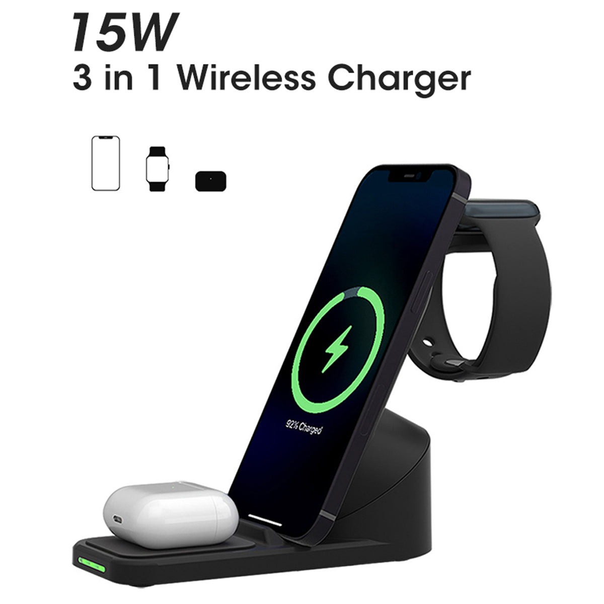 T8 Pro 3 in 1 Desktop Wireless Charger for iPhone / iWatch / AirPods 15W Max Rotatable Charging Dock Stand