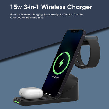 T8 Pro 3 in 1 Desktop Wireless Charger for iPhone / iWatch / AirPods 15W Max Rotatable Charging Dock Stand