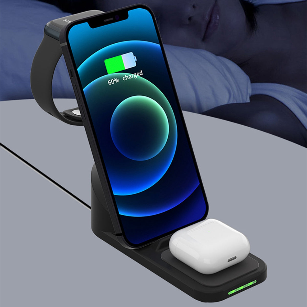 T8 Pro 3 in 1 Desktop Wireless Charger for iPhone / iWatch / AirPods 15W Max Rotatable Charging Dock Stand