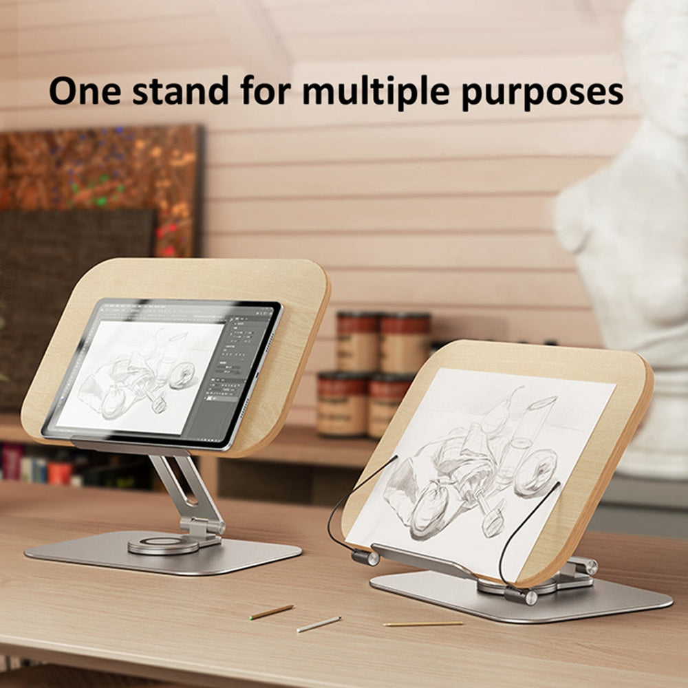 R02 Wood + Aluminum Alloy Laptop Bracket 360 Degree Rotation Reading Bookshelf Desktop Stand