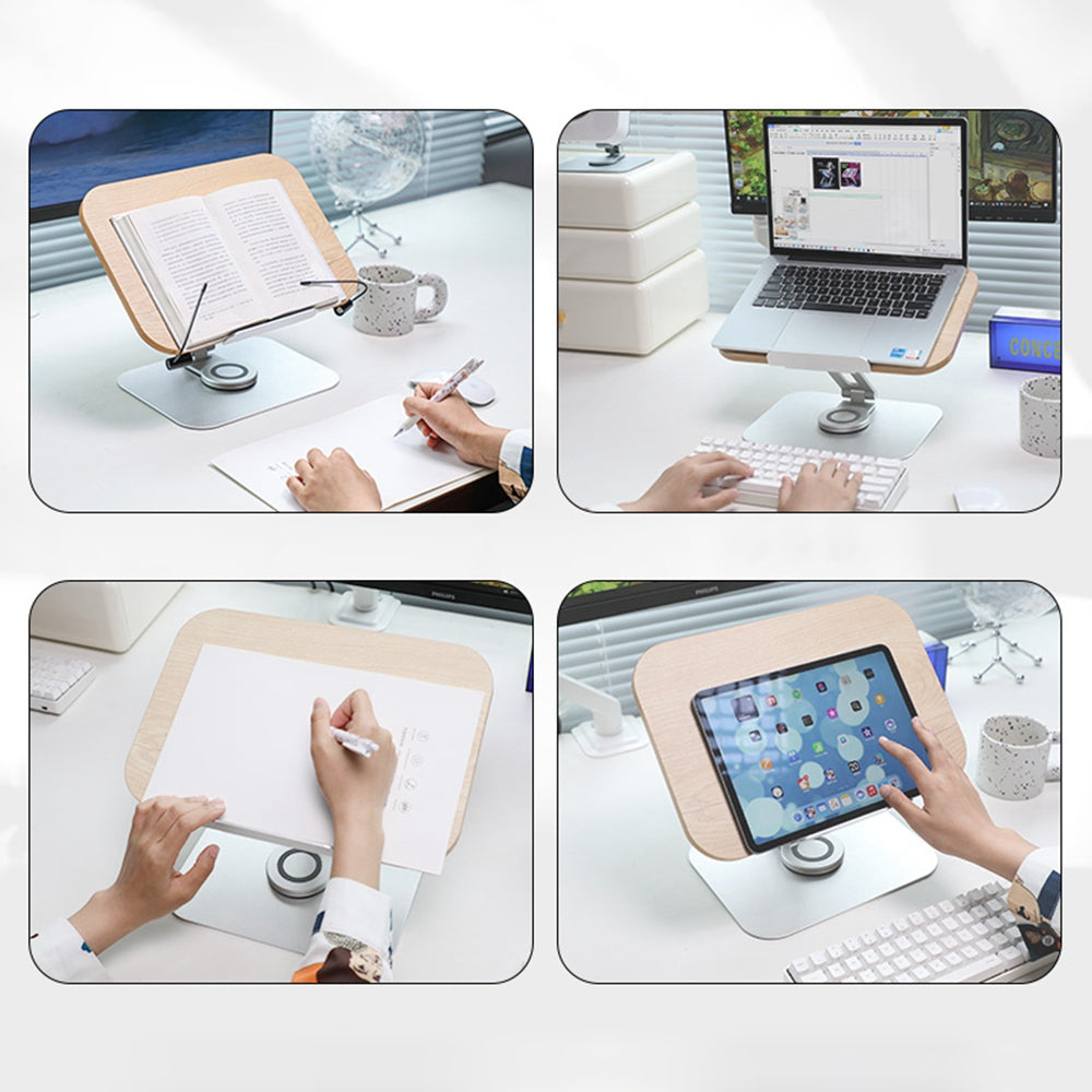 R02 Wood + Aluminum Alloy Laptop Bracket 360 Degree Rotation Reading Bookshelf Desktop Stand