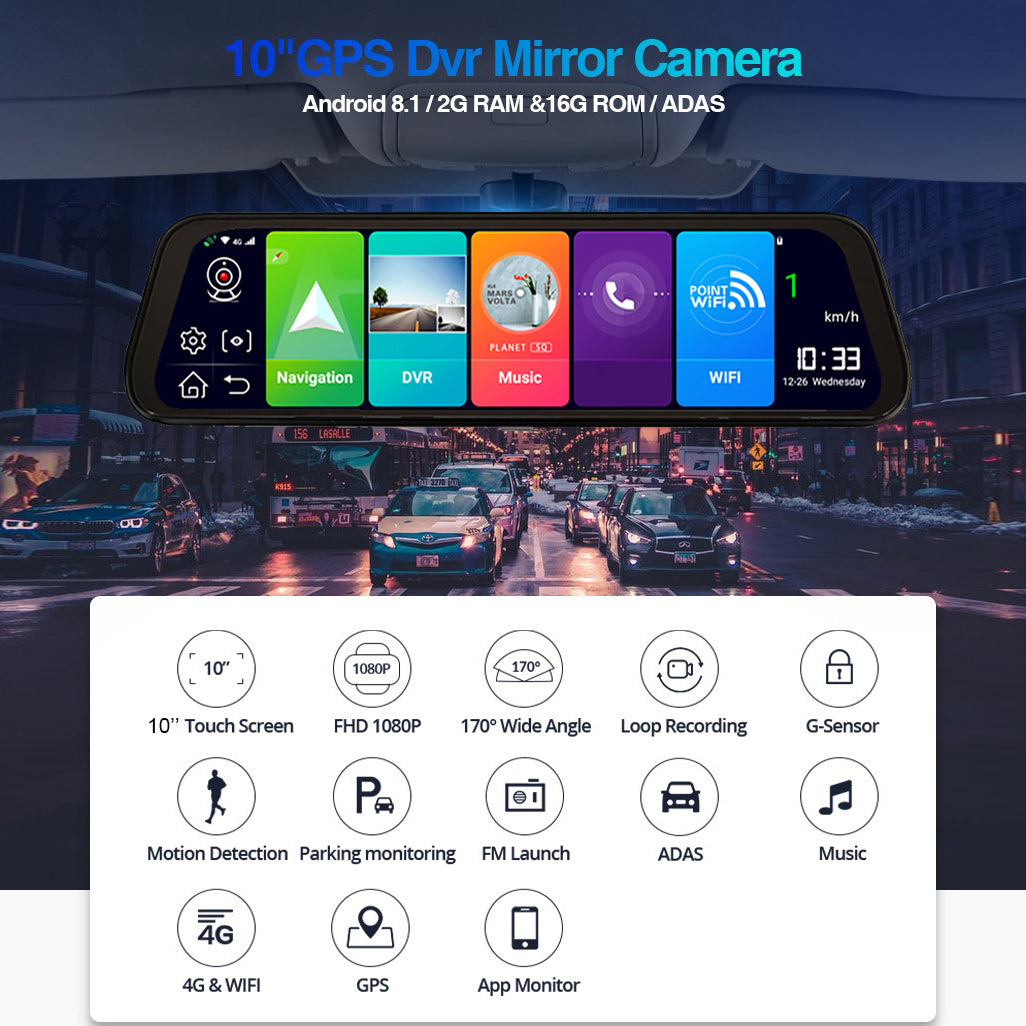 10 inch Touch Screen 1080P HD Dual Lens 4G WiFi Android 8.1 GPS Navigation ADAS Car DVR Rearview Mirror Camera Video Recorder Dash Cam