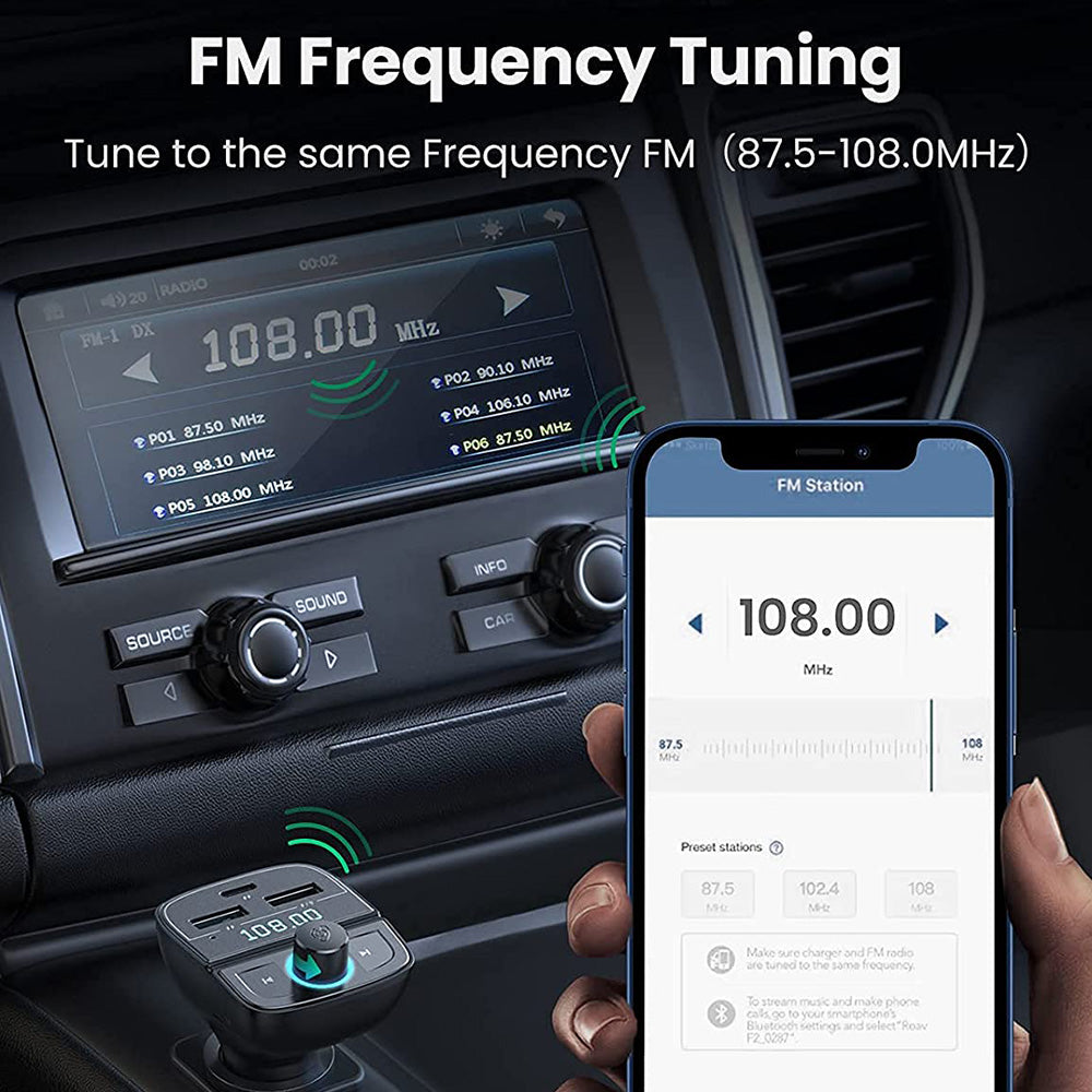 UGREEN Car FM Transmitter Bluetooth Radio Adapter 2x USB+Type-C PD 18W QC 3.0 Car Charger Support Hands-Free Calling