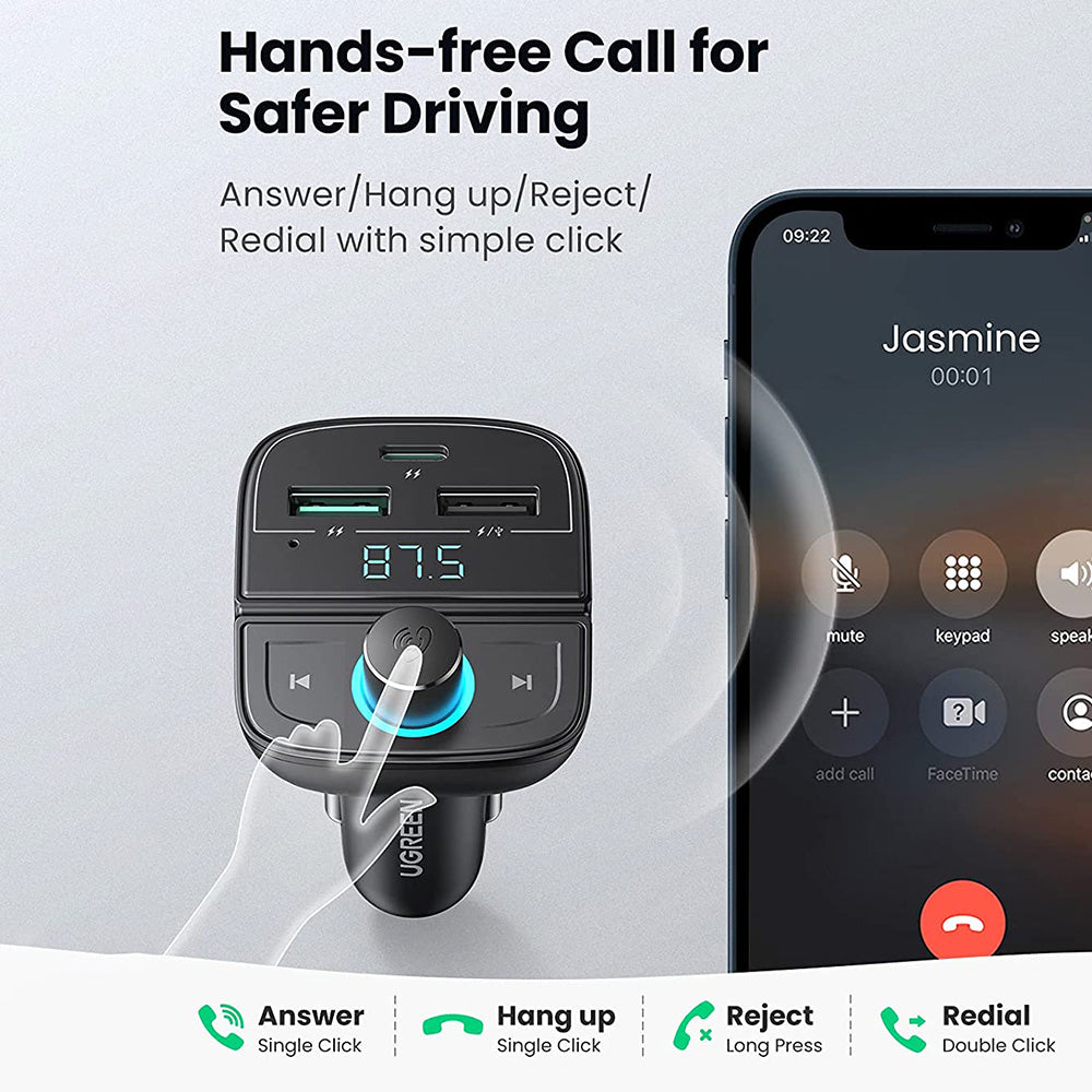 UGREEN Car FM Transmitter Bluetooth Radio Adapter 2x USB+Type-C PD 18W QC 3.0 Car Charger Support Hands-Free Calling