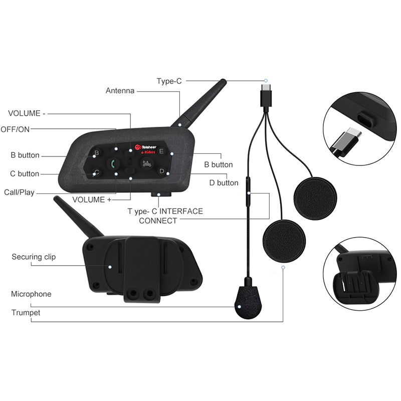 TELEHEER V6 Plus Motorcycle Helmet Bluetooth Walkie-Talkie with Headset Waterproof BT Wireless Walkie-Talkie Support 1500m Distance