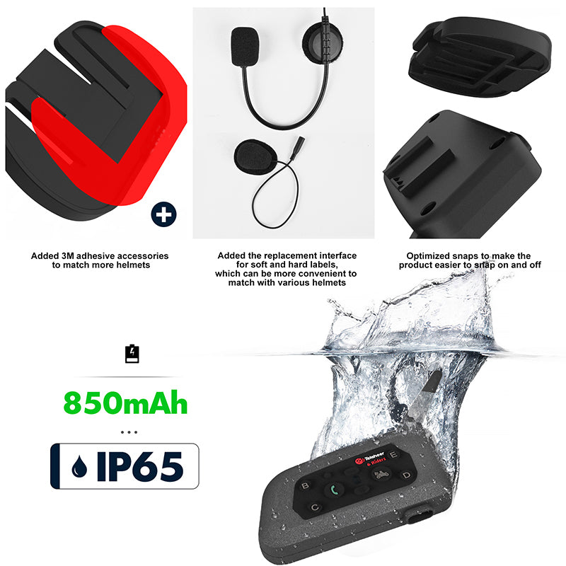 TELEHEER V6 Plus Motorcycle Helmet Bluetooth Walkie-Talkie with Headset Waterproof BT Wireless Walkie-Talkie Support 1500m Distance