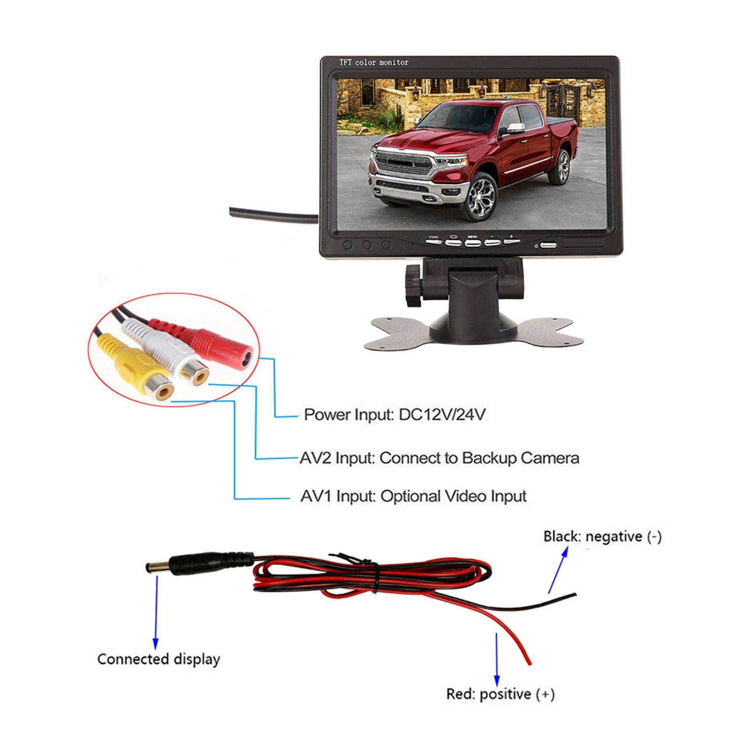 RH-701B 7" LCD Video Display Screen Monitor Rear View Backup Car 4-LED Camera Parking and Reverse System Kit