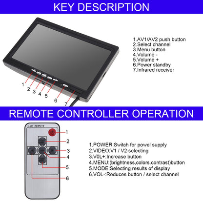 RH-701C 7" LCD Video Display Screen Rear View Monitor 8-LED Camera Parking and Reverse System Kit with 15m Video Cable
