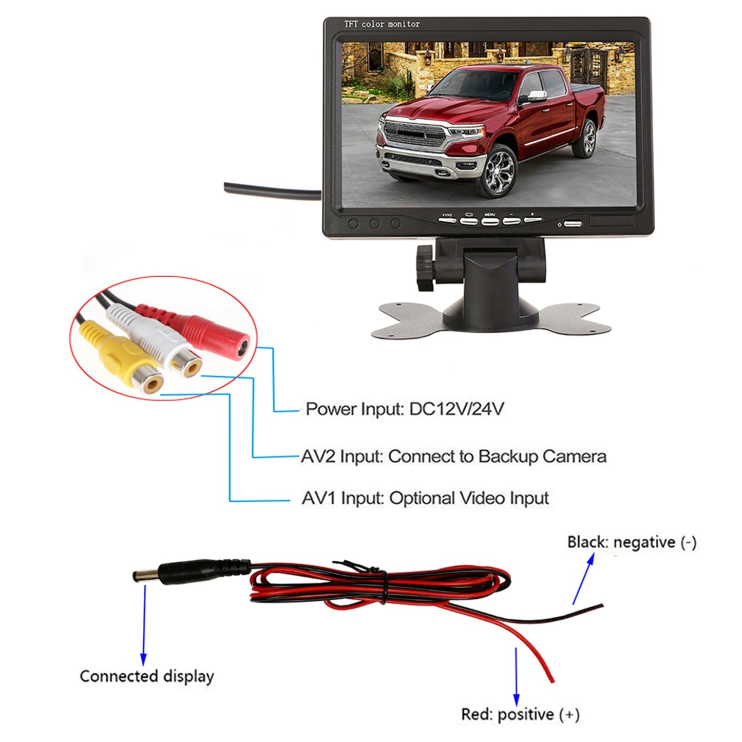 RH-701C 7" LCD Video Display Screen Rear View Monitor 8-LED Camera Parking and Reverse System Kit with 15m Video Cable