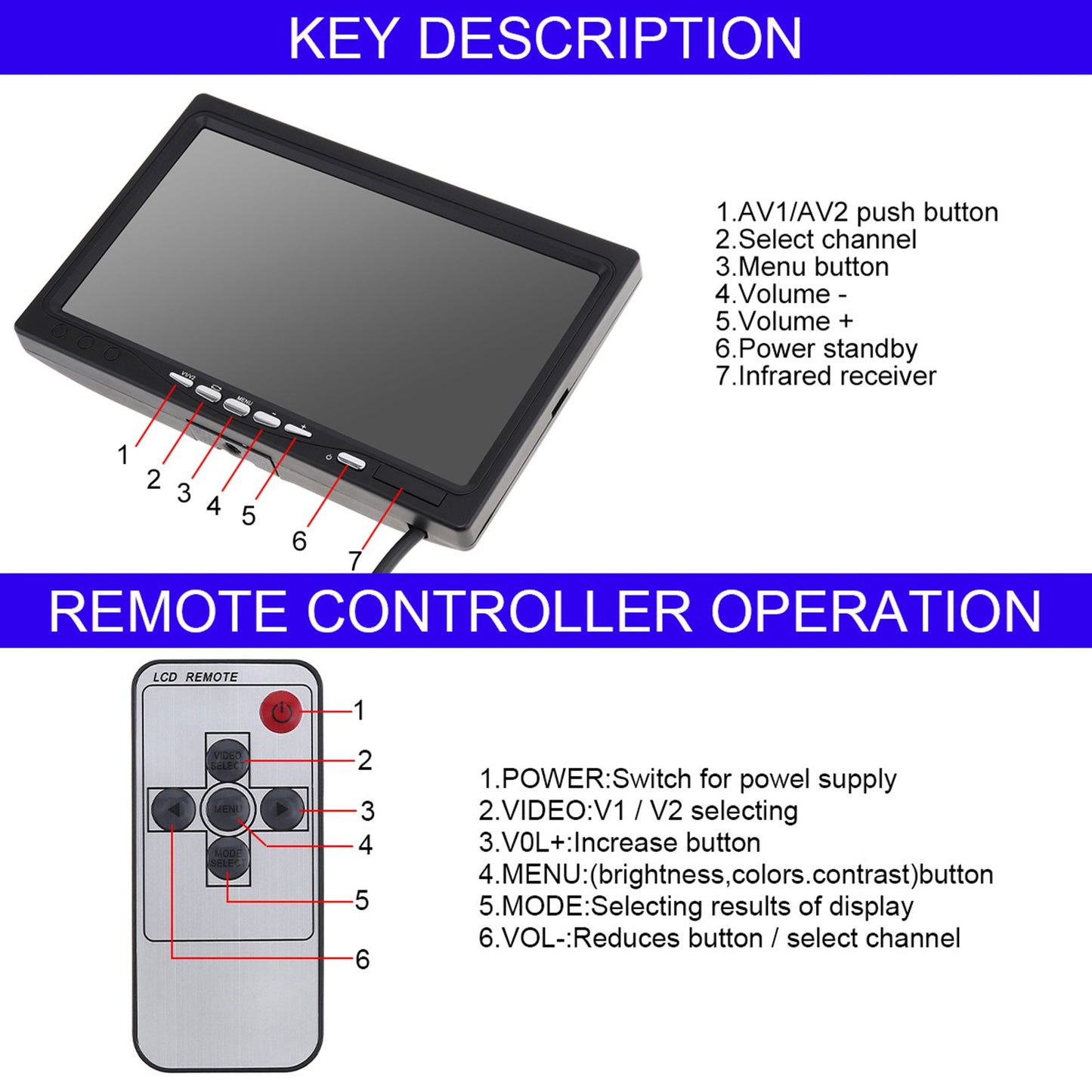 RH-701D 7" LCD Video Display Screen Monitor Rear View Backup Car 8-LED Camera Parking and Reverse System Kit with 20cm Video Cable