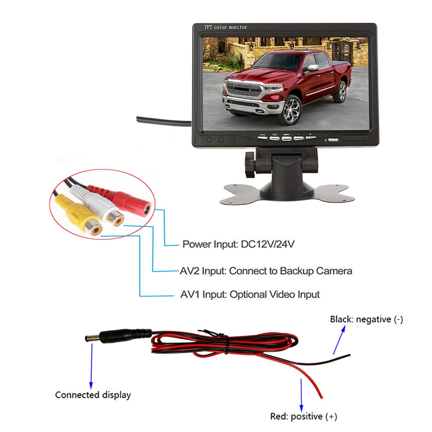 RH-701D 7" LCD Video Display Screen Monitor Rear View Backup Car 8-LED Camera Parking and Reverse System Kit with 20cm Video Cable