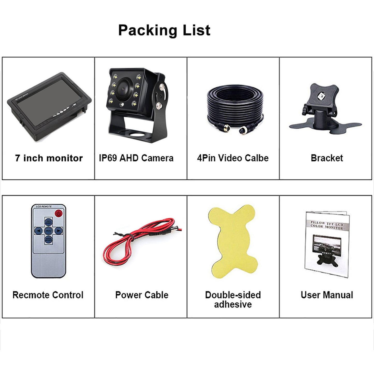 RH-701D 7" LCD Video Display Screen Monitor Rear View Backup Car 8-LED Camera Parking and Reverse System Kit with 20cm Video Cable