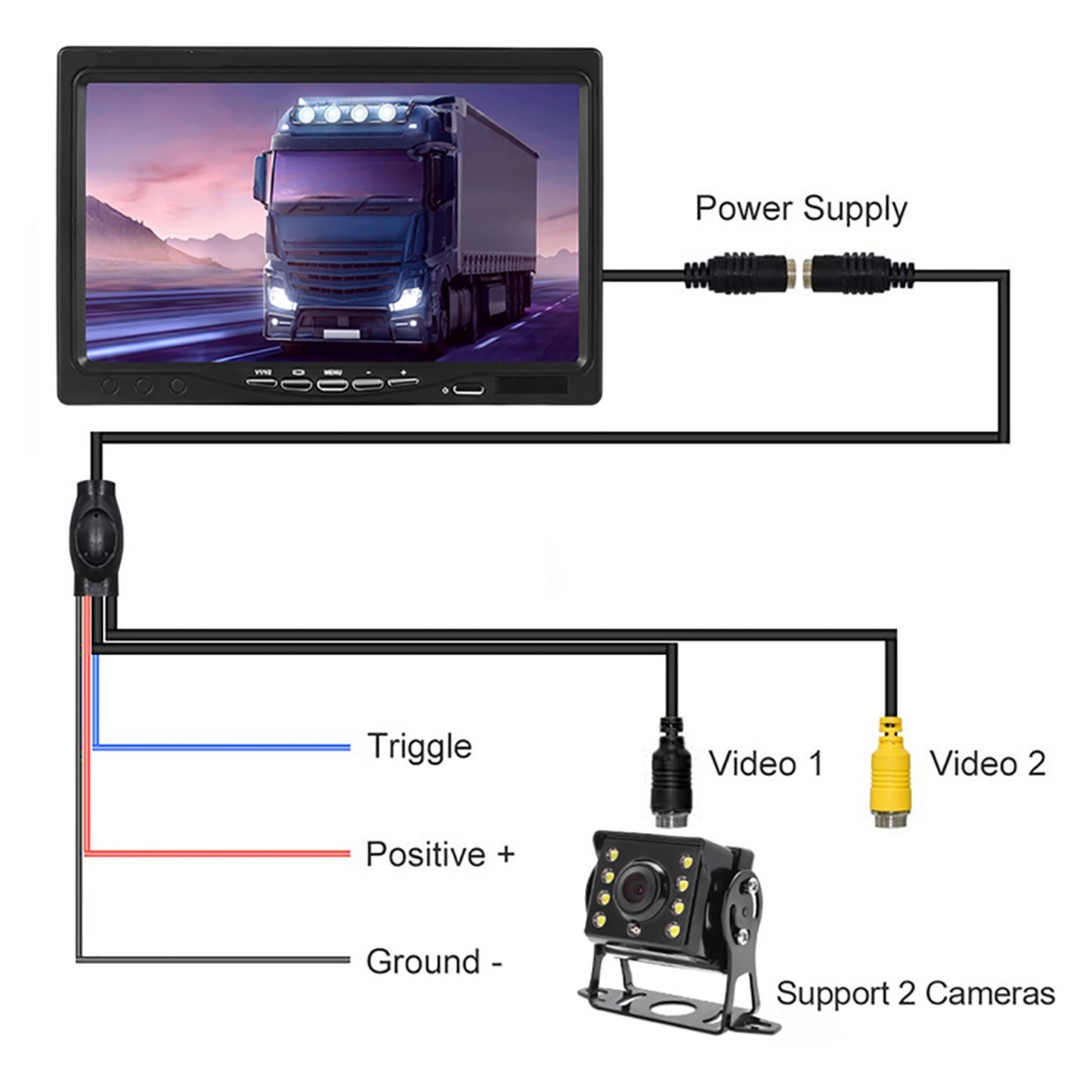 RH-701D 7" LCD Video Display Screen Monitor Rear View Backup Car 8-LED Camera Parking and Reverse System Kit with 20cm Video Cable