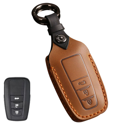 B038 Crazy Horse Cowhide Leather Sleeve 3-Button Car Key Remote Cover Protector Case for Toyota Corolla RAV4 Camry