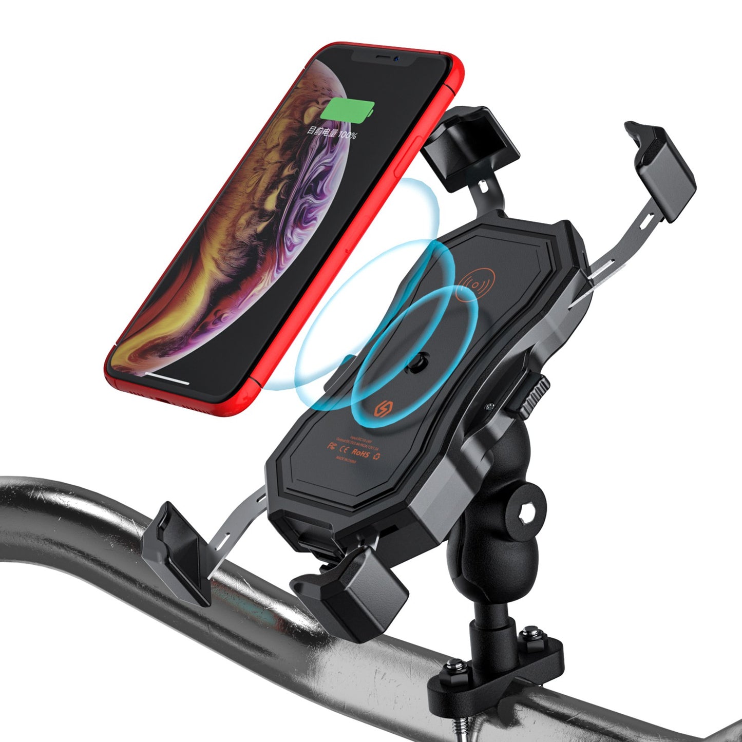 ZH-1288C1 Rotation Motorcycle Qi Wireless+USB Fast Charging Phone Mount Charger Handlebar Cellphone Holder