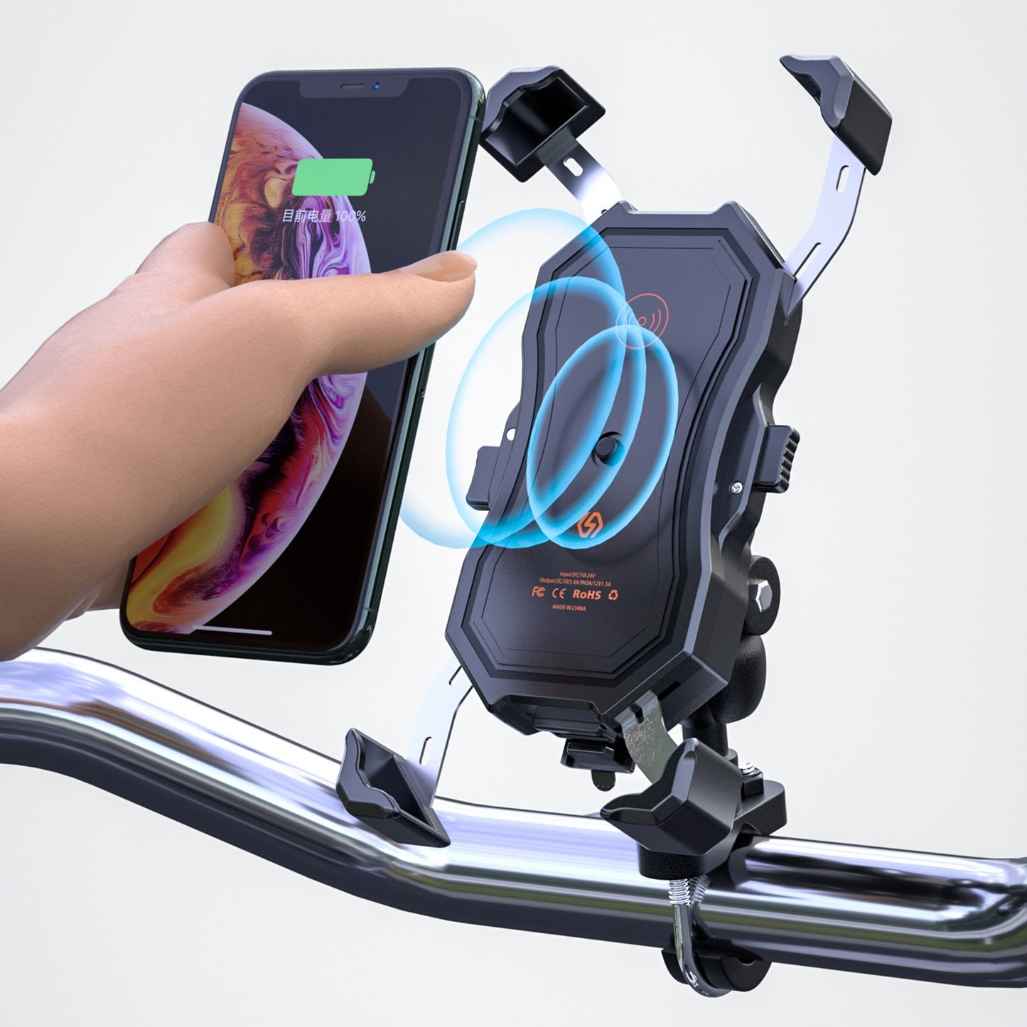 ZH-1288C1 Rotation Motorcycle Qi Wireless+USB Fast Charging Phone Mount Charger Handlebar Cellphone Holder