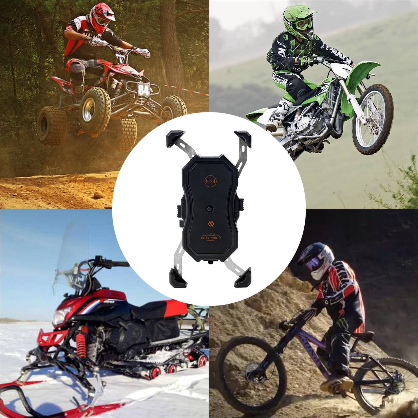 ZH-1288C1 Rotation Motorcycle Qi Wireless+USB Fast Charging Phone Mount Charger Handlebar Cellphone Holder