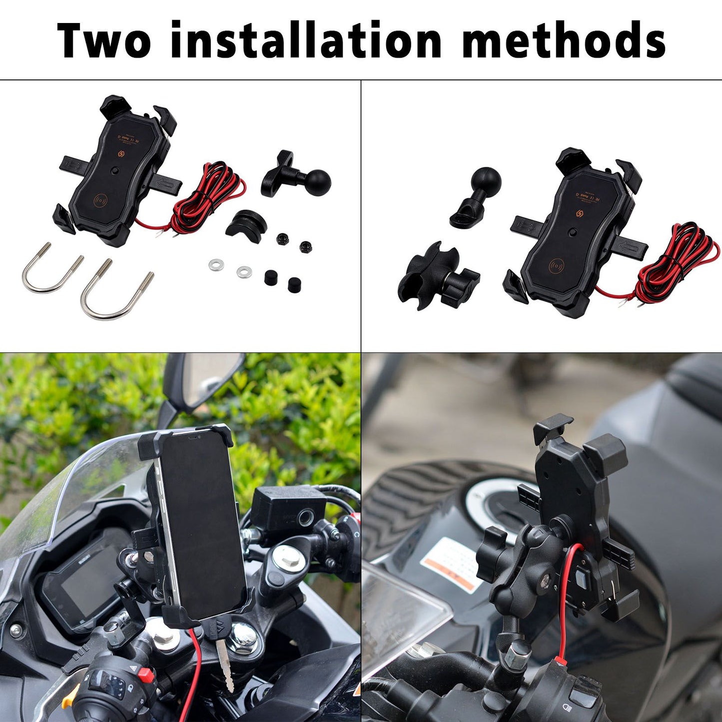 ZH-1288C1 Rotation Motorcycle Qi Wireless+USB Fast Charging Phone Mount Charger Handlebar Cellphone Holder