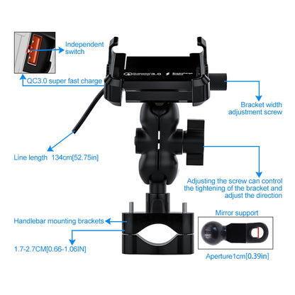 CS-855A Motorcycle QC3.0 Fast Charging Mount Charger Handlebar 4"-6"Cellphone Holder