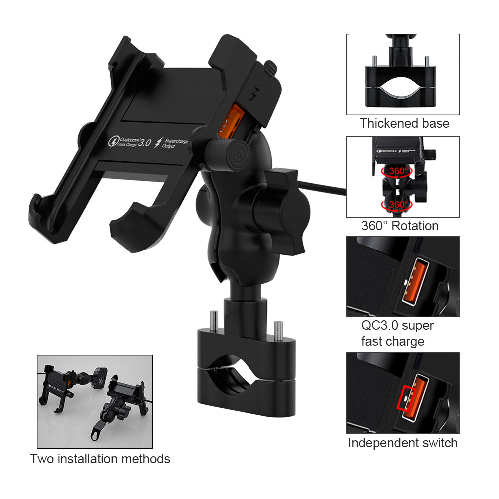 CS-855A Motorcycle QC3.0 Fast Charging Mount Charger Handlebar 4"-6"Cellphone Holder
