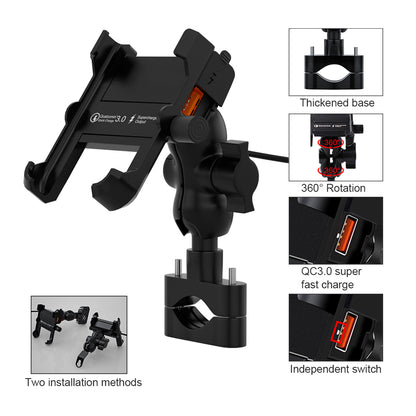 CS-855A Motorcycle QC3.0 Fast Charging Mount Charger Handlebar 4"-6"Cellphone Holder