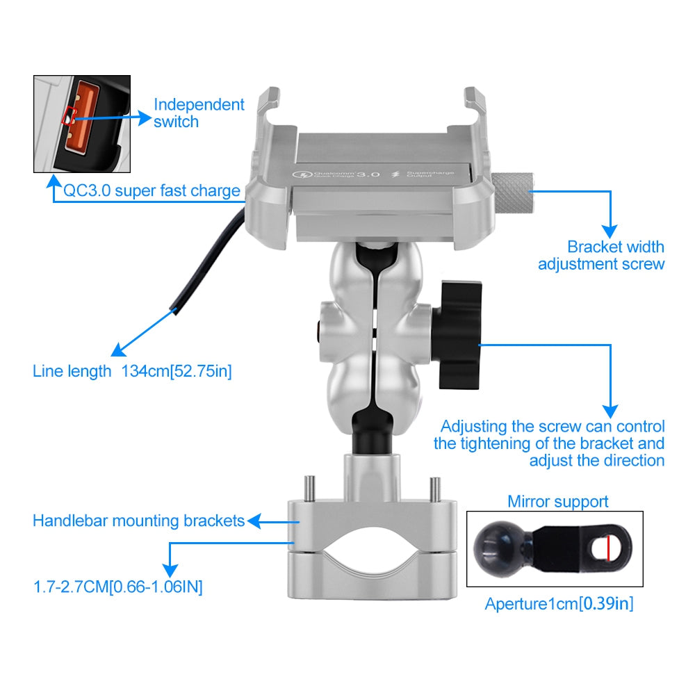 CS-855A Motorcycle QC3.0 Fast Charging Mount Charger Handlebar 4"-6"Cellphone Holder