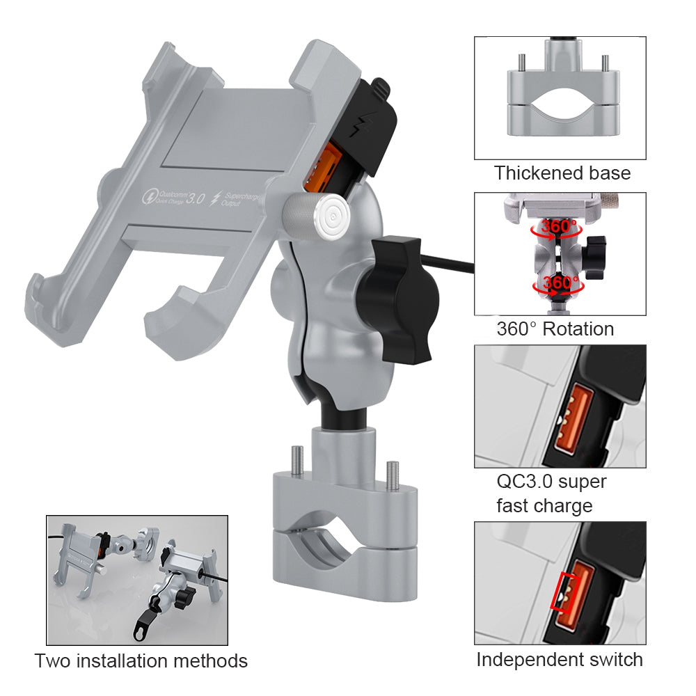 CS-855A Motorcycle QC3.0 Fast Charging Mount Charger Handlebar 4"-6"Cellphone Holder