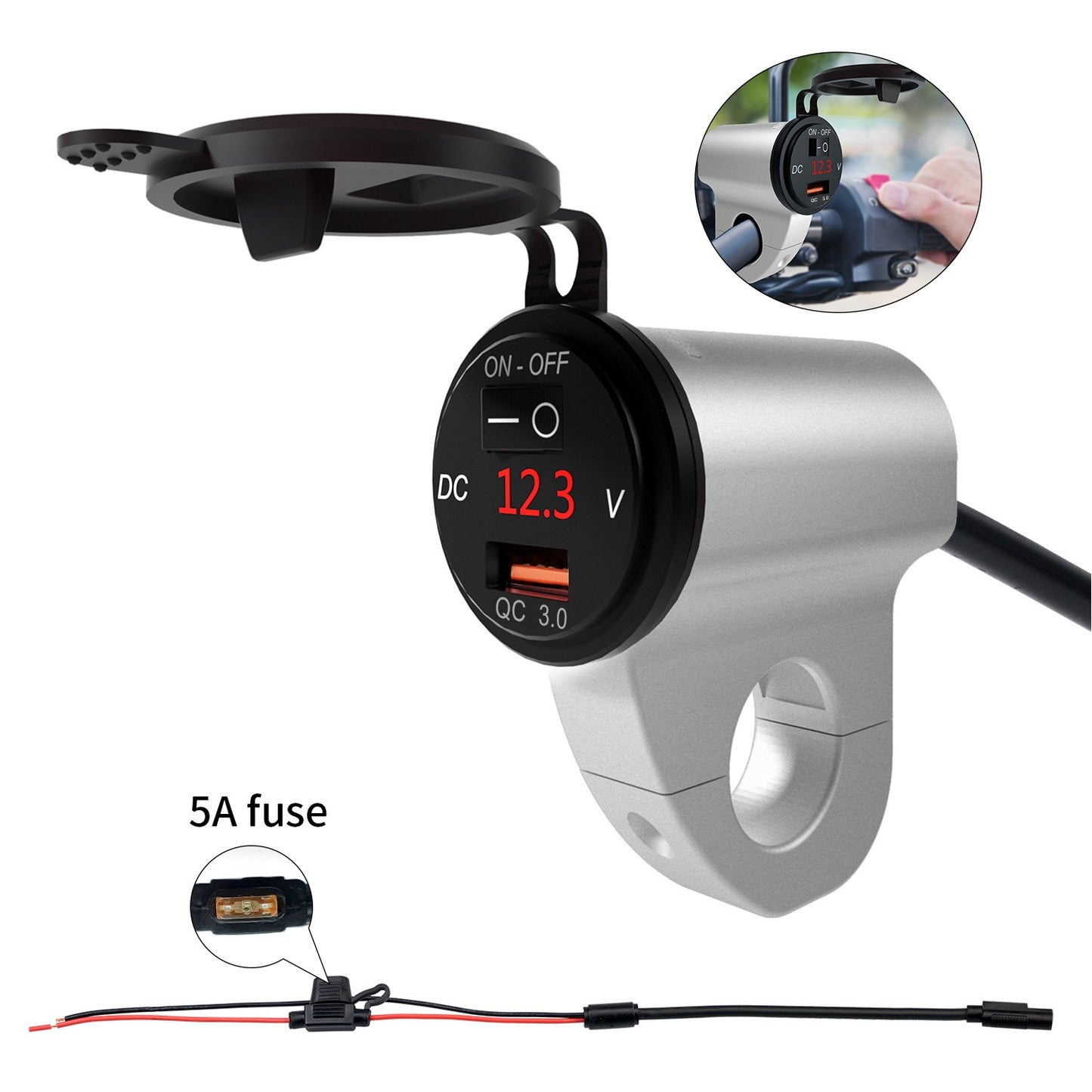 WUPP ZH-975 Motorcycle Handlebar 2.4A USB Phone Charger Aluminum Alloy Waterproof Voltage Digital Display QC3.0 Fast Charge Adapter with Switch