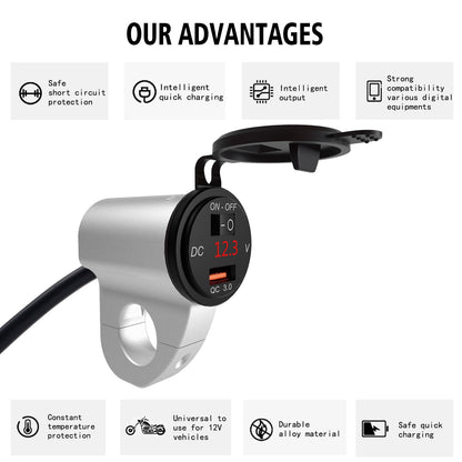 WUPP ZH-975 Motorcycle Handlebar 2.4A USB Phone Charger Aluminum Alloy Waterproof Voltage Digital Display QC3.0 Fast Charge Adapter with Switch