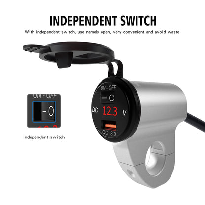WUPP ZH-975 Motorcycle Handlebar 2.4A USB Phone Charger Aluminum Alloy Waterproof Voltage Digital Display QC3.0 Fast Charge Adapter with Switch