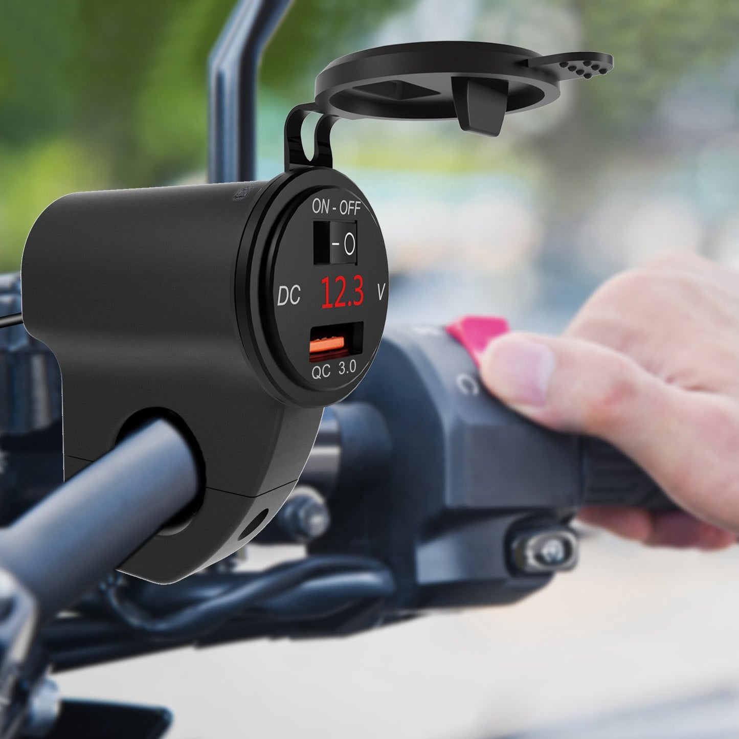 WUPP ZH-975 Motorcycle Handlebar 2.4A USB Phone Charger Aluminum Alloy Waterproof Voltage Digital Display QC3.0 Fast Charge Adapter with Switch