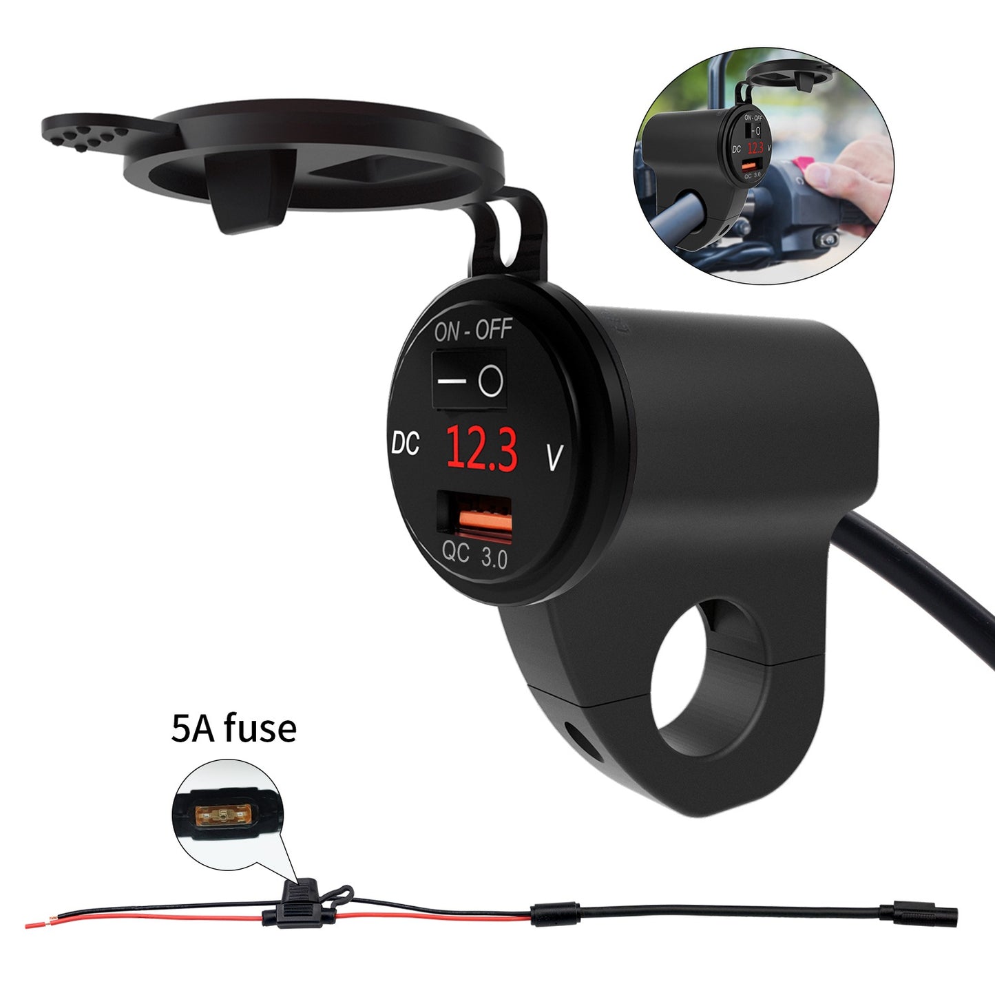 WUPP ZH-975 Motorcycle Handlebar 2.4A USB Phone Charger Aluminum Alloy Waterproof Voltage Digital Display QC3.0 Fast Charge Adapter with Switch