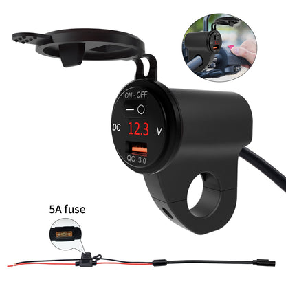 WUPP ZH-975 Motorcycle Handlebar 2.4A USB Phone Charger Aluminum Alloy Waterproof Voltage Digital Display QC3.0 Fast Charge Adapter with Switch