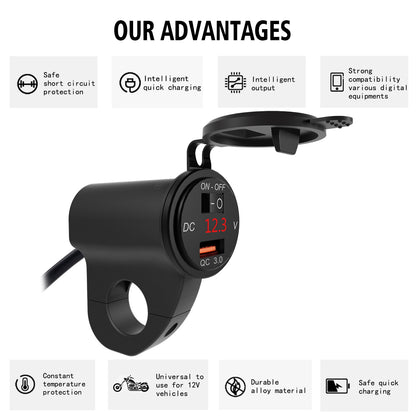WUPP ZH-975 Motorcycle Handlebar 2.4A USB Phone Charger Aluminum Alloy Waterproof Voltage Digital Display QC3.0 Fast Charge Adapter with Switch