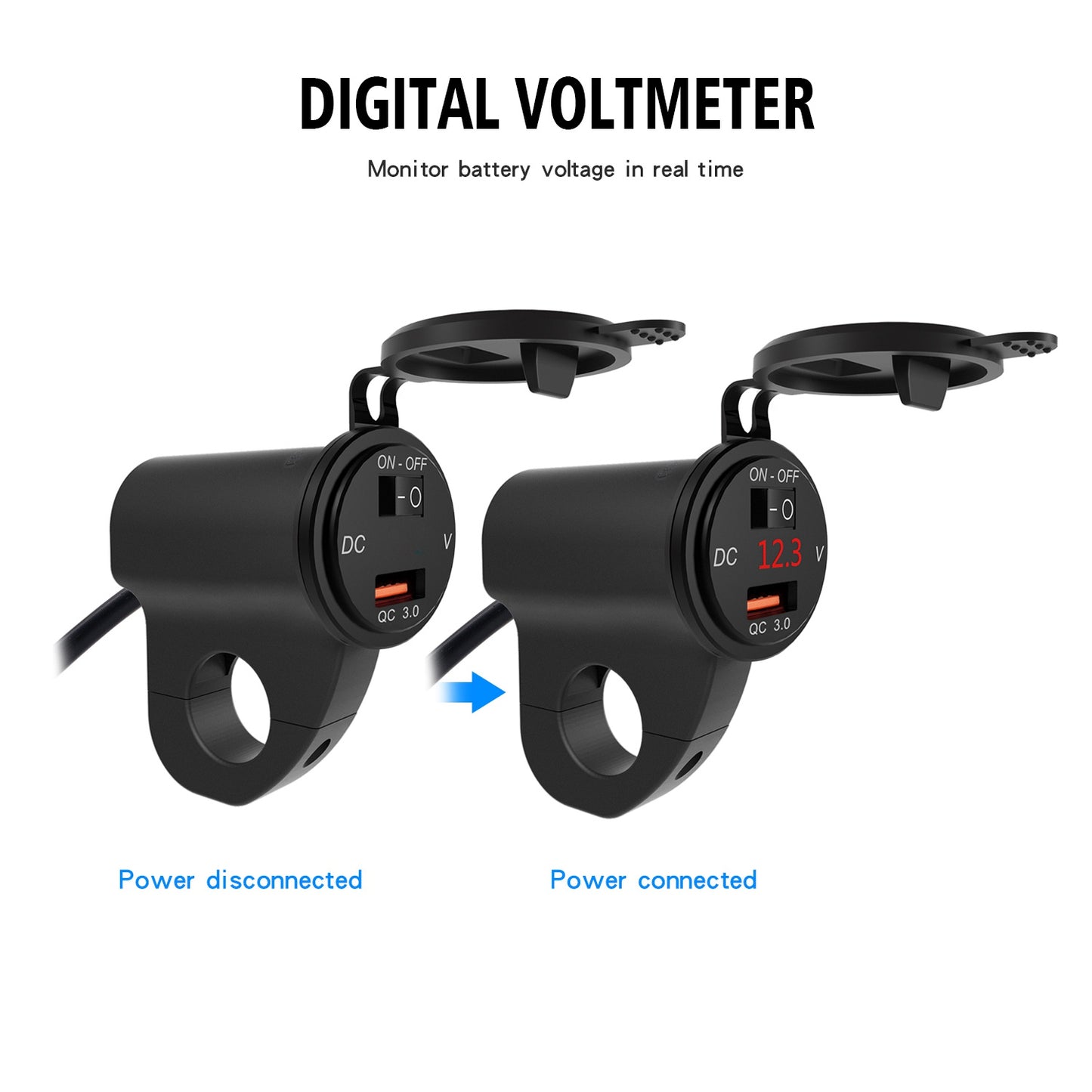 WUPP ZH-975 Motorcycle Handlebar 2.4A USB Phone Charger Aluminum Alloy Waterproof Voltage Digital Display QC3.0 Fast Charge Adapter with Switch