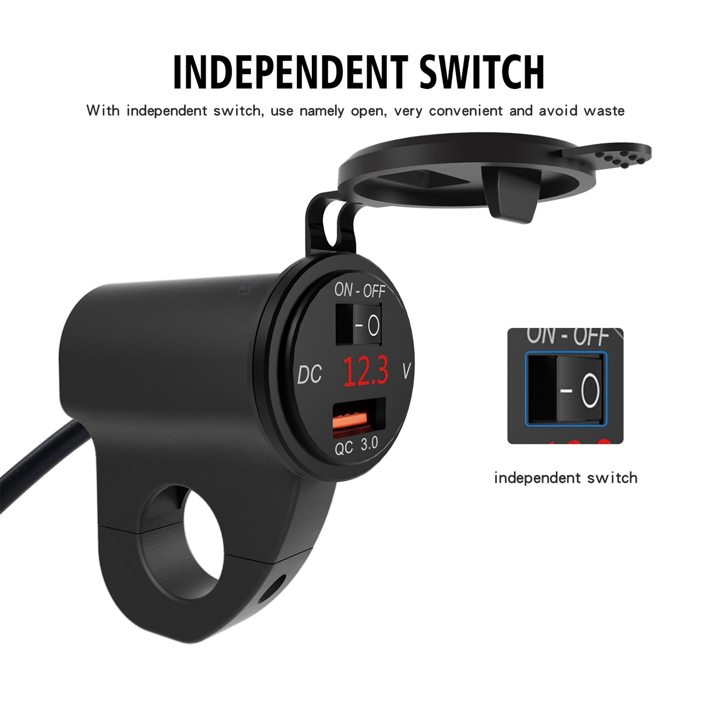 WUPP ZH-975 Motorcycle Handlebar 2.4A USB Phone Charger Aluminum Alloy Waterproof Voltage Digital Display QC3.0 Fast Charge Adapter with Switch
