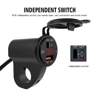 WUPP ZH-975 Motorcycle Handlebar 2.4A USB Phone Charger Aluminum Alloy Waterproof Voltage Digital Display QC3.0 Fast Charge Adapter with Switch