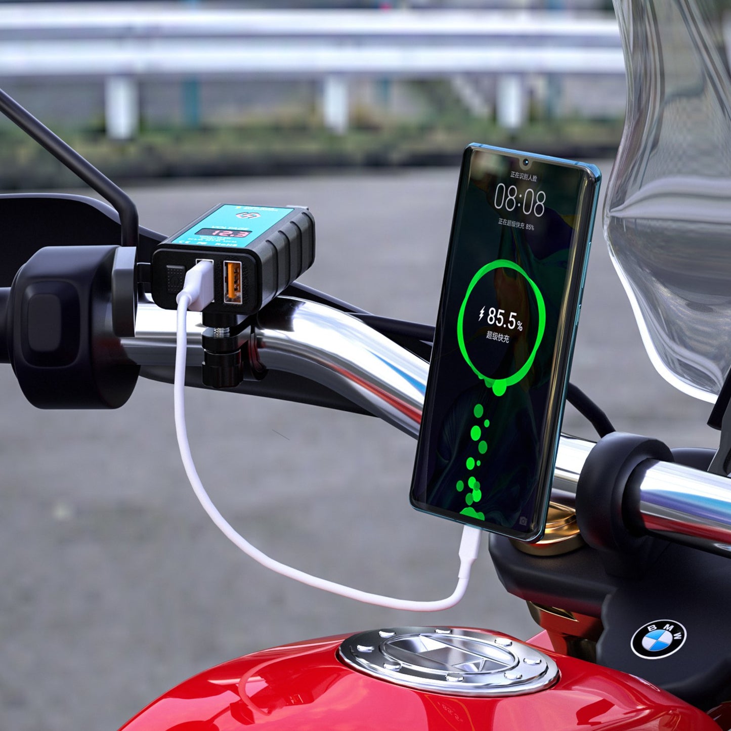 ZH-1422A3 Dual USB Port 5V 3.4A Power Adapter Socket Motorcycle Handlebar Voltmeter Display Fast Charger with 1.4m SAE+OT Terminal Cable