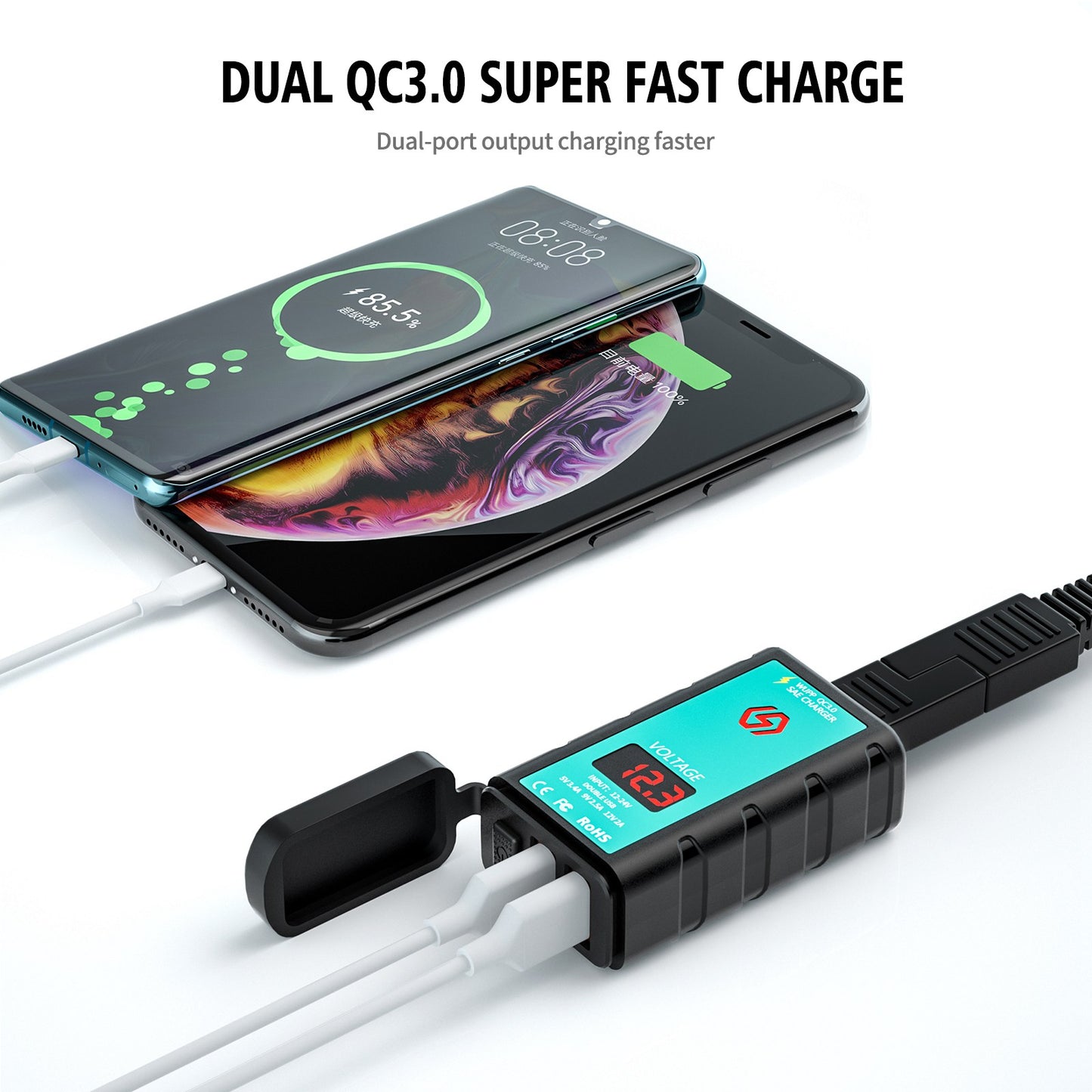 ZH-1422A3 Dual USB Port 5V 3.4A Power Adapter Socket Motorcycle Handlebar Voltmeter Display Fast Charger with 1.4m SAE+OT Terminal Cable