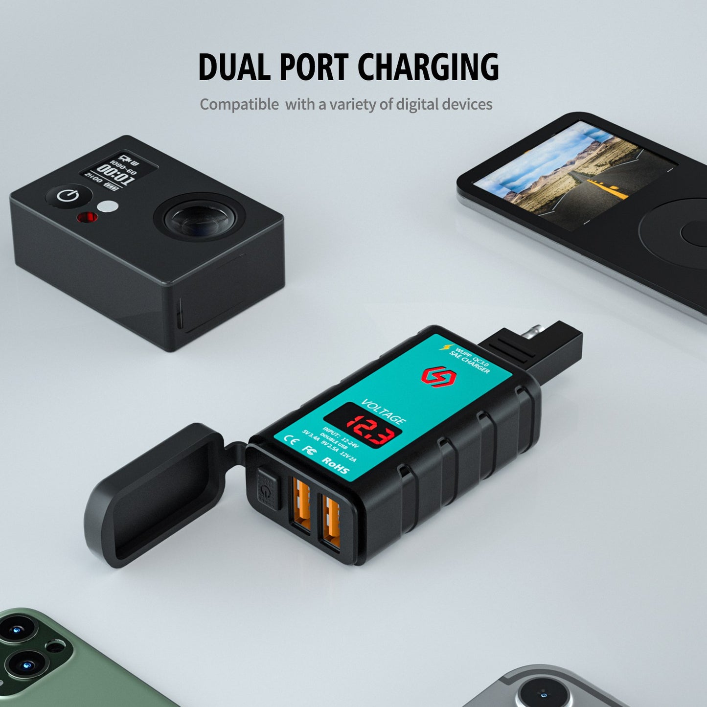 ZH-1422A3 Dual USB Port 5V 3.4A Power Adapter Socket Motorcycle Handlebar Voltmeter Display Fast Charger with 1.4m SAE+OT Terminal Cable
