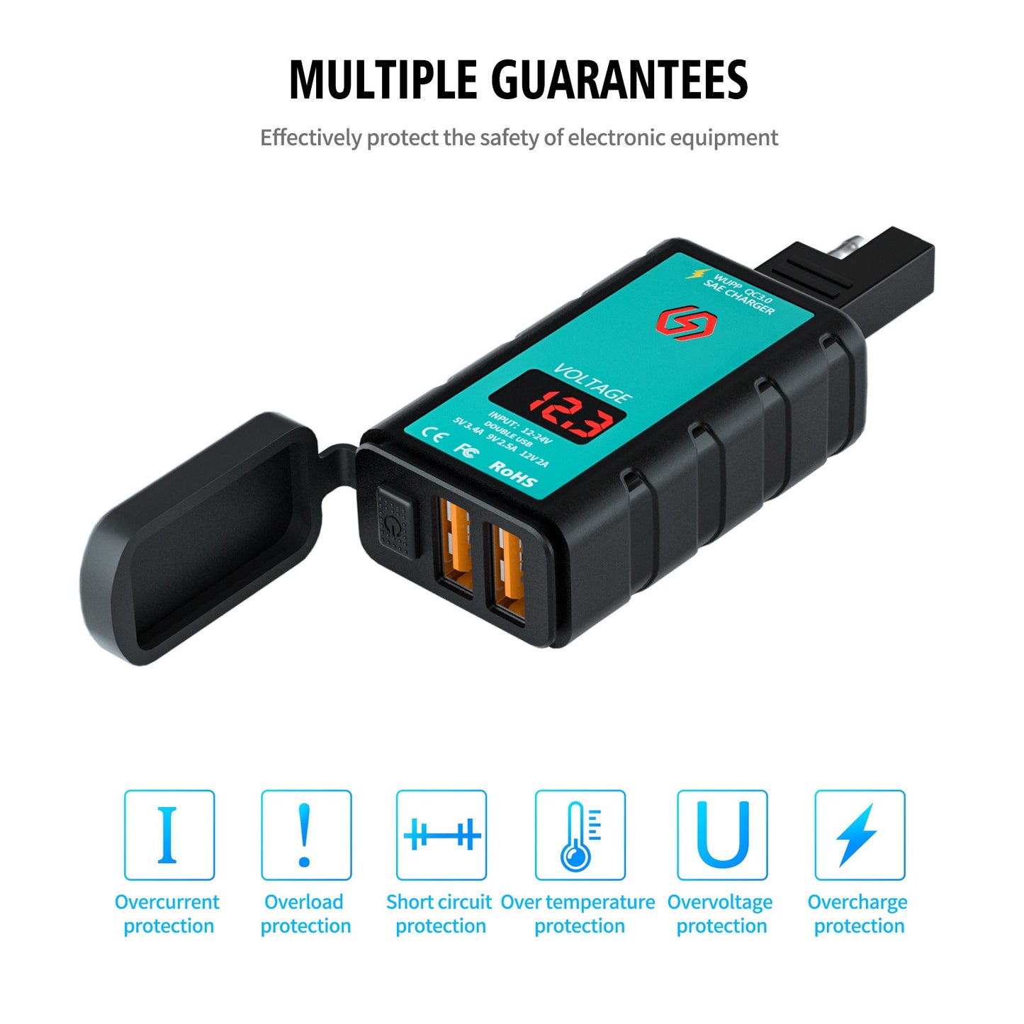 ZH-1422A2 5V 3.4A Dual USB Port Adapter Socket Motorcycle Handlebar Fast Charger, with Voltmeter Display and 1m SAE Extension Cable