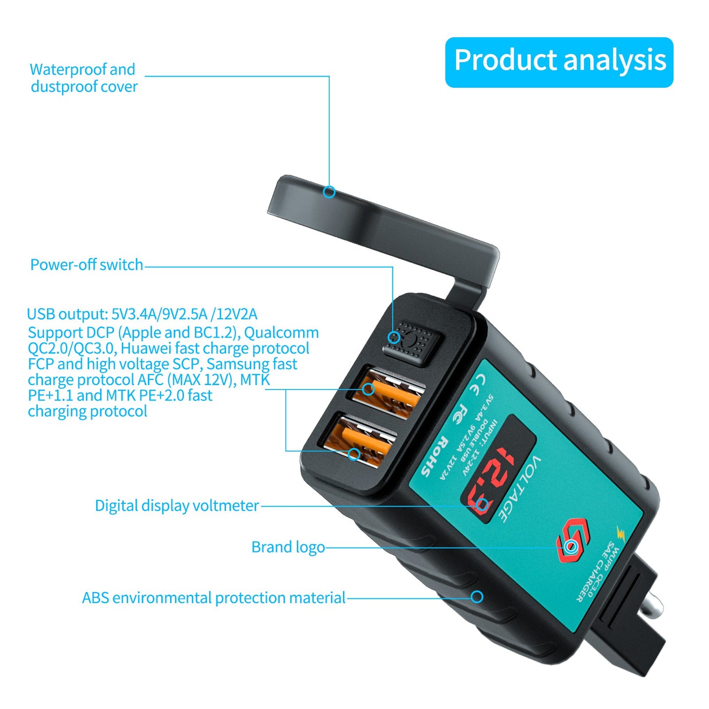 ZH-1422A2 5V 3.4A Dual USB Port Adapter Socket Motorcycle Handlebar Fast Charger, with Voltmeter Display and 1m SAE Extension Cable