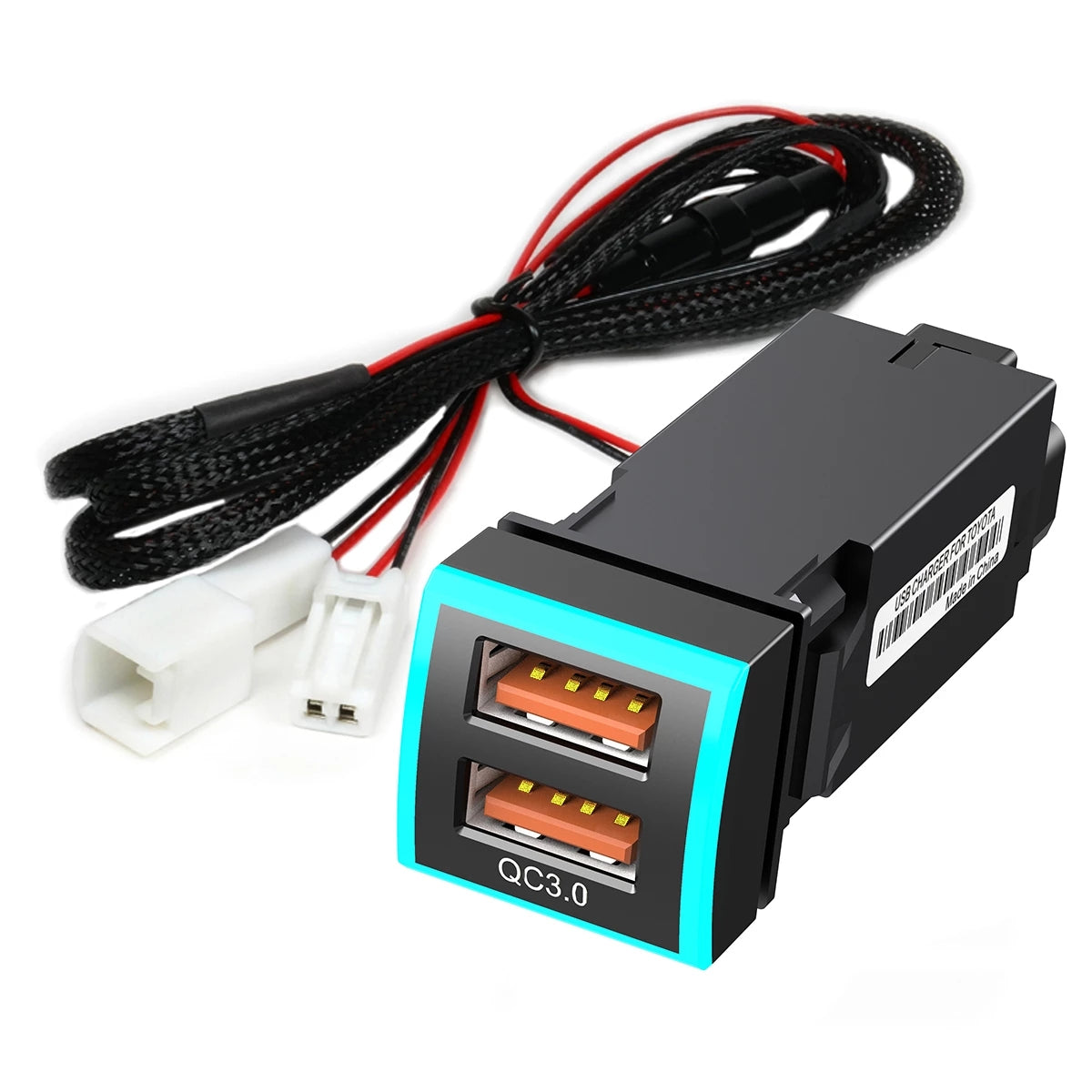 22x22mm QC3.0 Dual USB Port Blue LED Indicator ABS Car Charger Phone Fast Charging Socket Adapter for Toyota (Cigarette Lighter Wiring Connection)